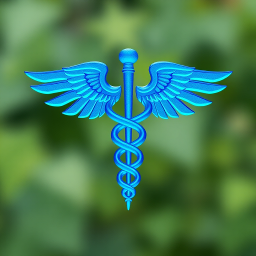 create a high-resolution image of a blue caduceus symbol with wings on a transparent background, using a Canon EOS 5D Mark IV with a 50mm lens, aperture f/2.8, ISO 100, and a shallow depth of field to enhance detail and clarity