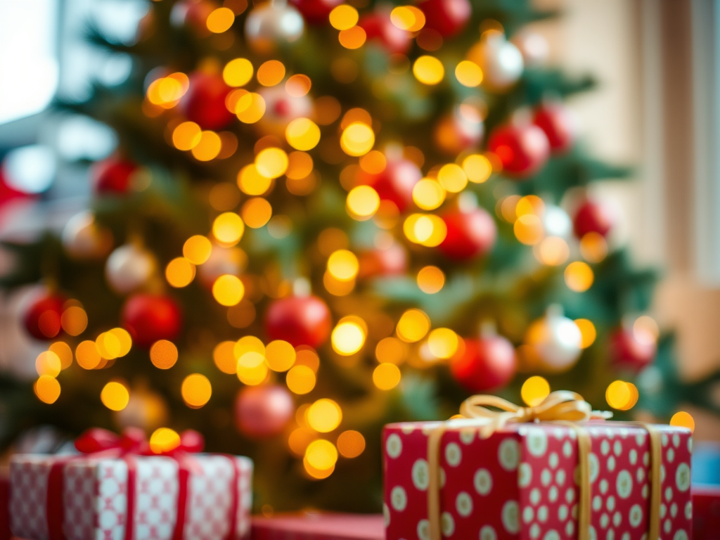 Create a blurred image of a beautifully decorated Christmas tree with colorful ornaments and twinkling lights. The background should be softly out of focus, emphasizing the festive atmosphere. Include some wrapped presents in the foreground to enhance the holiday spirit.