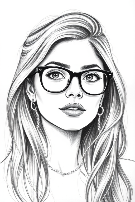 beautiful mia khalifa, pencil sketch, portrait of beautiful woman 60s in glasses, hair style beatnik, outline, clear lines, fine lines, 8k