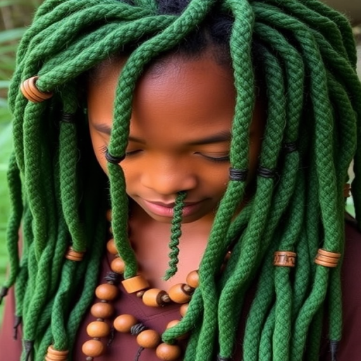 Lush forest green dreadlocks embellished with wooden beads, the "Earth Guardian" style celebrates nature and spiritual connection