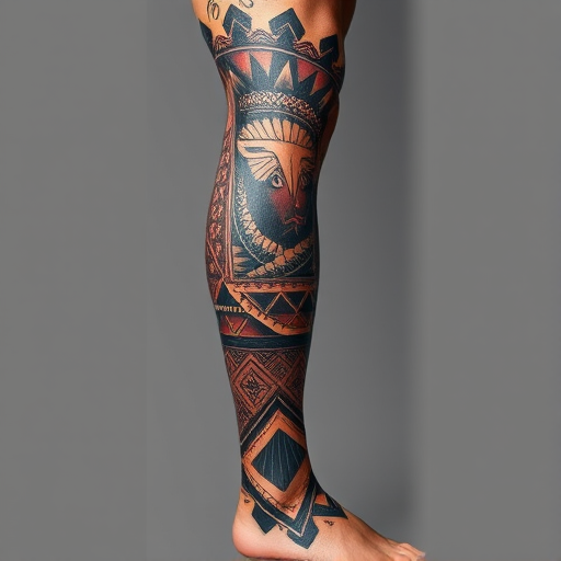 Neo-tribal fusion tattoo covering the entire leg, blending traditional Polynesian patterns with modern geometric elements for a bold and culturally inspired design