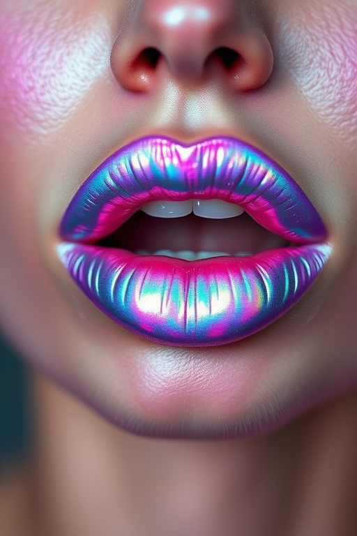 Holographic iridescent lips that shift from lavender to teal, dubbed "Mermaid's Kiss," create a mesmerizing effect with a glossy, multidimensional finish for avant-garde fashion shows