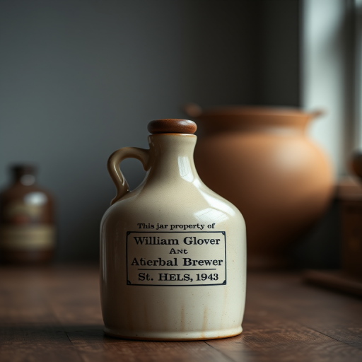 Generate an image of a vintage ceramic jug with a wooden stopper labeled "This jar is the property of William Glover, Herbal Brewer, Atherton Street, St. Helens, 1934" in a softly lit studio setting, using a DSLR camera with a 50mm lens, aperture f/1.8, ISO 200, and a shallow depth of field to create a blurred background for emphasis on the jug.