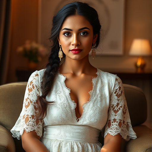 Create a portrait of a refined and elegant Nepali woman seated in a sophisticated setting. She has long, wavy hair styled in two thick braids that are pulled over her shoulders. She wears a white, lace gown with intricate patterns, featuring a deep V-neckline and short sleeves. The dress exudes a vintage charm with its delicate lacework. She is adorned with ornate, dangling earrings that add a touch of glamour to her appearance. The background is softly lit, with warm, ambient lighting that creates a cozy and inviting atmosphere. Her expression is poised and serene, capturing a sense of grace and elegance.