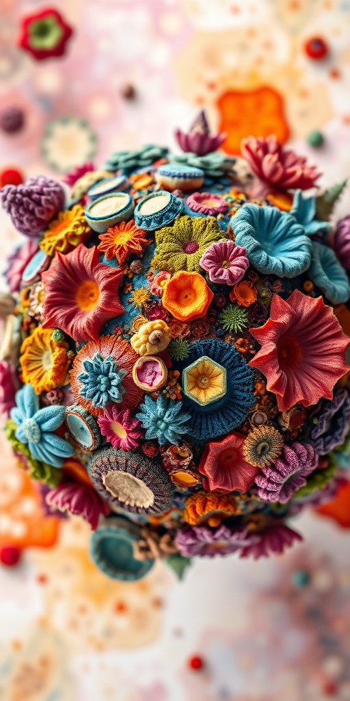 Generate an abstract, vibrant planet filled with intricate organic shapes and textures, showcasing a rich diversity of colors and forms, captured with a DSLR camera at f/2.8, 35mm lens, ISO 100, and a macro view to enhance detail and clarity.