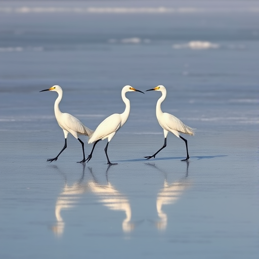 Capture a scene of three white egrets walking on a frozen lake, emphasizing their elegance and reflections on the ice, use a DSLR camera with a 200mm lens, aperture f/4, shutter speed 1/500 sec, ISO 200, shot in natural light from a low angle to highlight the birds in action.