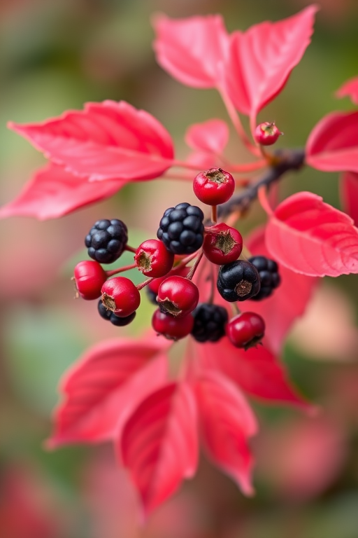 Capture a close-up of red and black berries on a branch with vibrant red leaves against a blurred green background using a DSLR camera, 85mm lens, aperture f/2.8, shutter speed 1/250s, ISO 400, soft natural lighting, shallow depth of field.