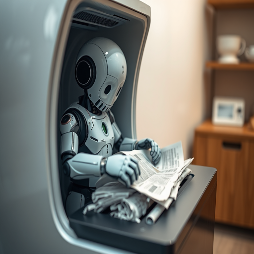 create an image of a 3D humanoid figure shredding a newspaper in a modern paper shredder, use a Canon EOS R5 camera with a 50mm lens, aperture set to f/2.8, ISO 100, and a shallow depth of field for a soft background; capture from a slightly elevated angle to emphasize the action