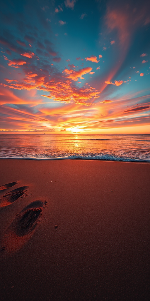Create a high-resolution image of a serene beach landscape at sunset, capturing the vibrant colors of the sky reflecting on the water, with detailed textures in the sand, shot with a Canon EOS R5 at f/8, ISO 100, 1/125 sec, using a wide-angle lens at a 24mm focal length, in a landscape orientation.
