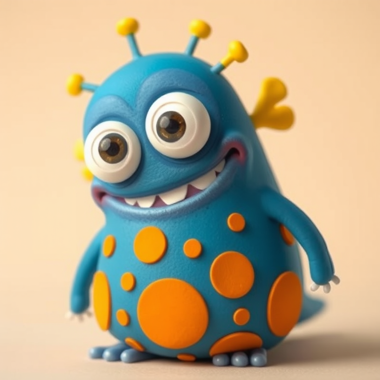 Create a cartoonish blue monster with three eyes, yellow fins, and a round body covered in orange spots, set against a light beige background, captured with a DSLR camera at f/4, ISO 100, shutter speed 1/60 sec, using a close-up view, with soft lighting for a vibrant and crisp effect.