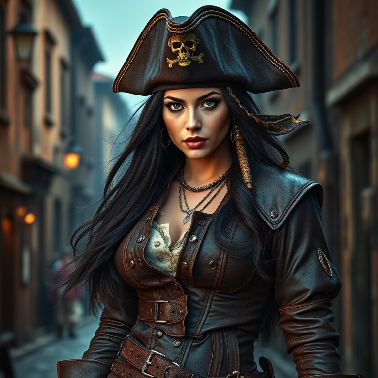 Create a portrait of a fierce female pirate. She wears a leather tricorn hat adorned with a skull and crossbones emblem, and her long, dark hair flows around her face. Her outfit consists of a richly detailed leather jacket, a corset, and multiple layers of belts and accessories, giving her a formidable and stylish appearance. She stands confidently in a dimly lit, historic port town, with a backdrop of weathered buildings and cobblestone streets, capturing the adventurous spirit of a pirate.