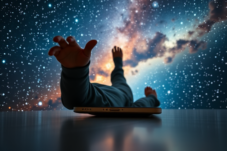 Create an image of a person falling into a smartphone with a cosmic background, using a DSLR camera with a 50mm lens at f/1.8, ISO 100, and 1/60s shutter speed, shot from a low angle to accentuate the perspective and enhance contrast.