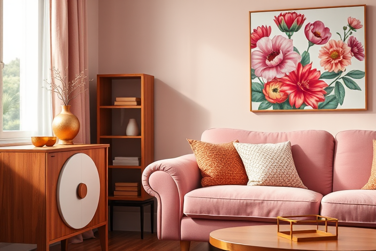 a cozy living room scene featuring a plush pink sofa and a wooden cabinet with a round white detail, adorned with a golden decorative piece and a vibrant floral painting on the wall, captured with a Canon EOS R5, 35mm lens, aperture f/2.8, shutter speed 1/60s, ISO 200, daylight setting for natural light enhancement, soft focus background for depth.