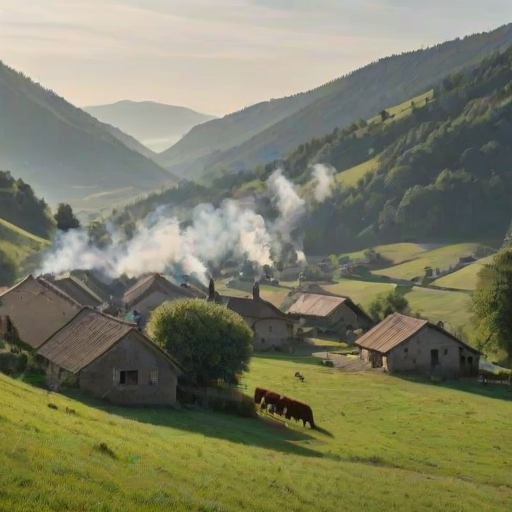 Peaceful village nestled in a valley, with smoke rising from chimneys, and cows grazing lazily in the surrounding fields.
