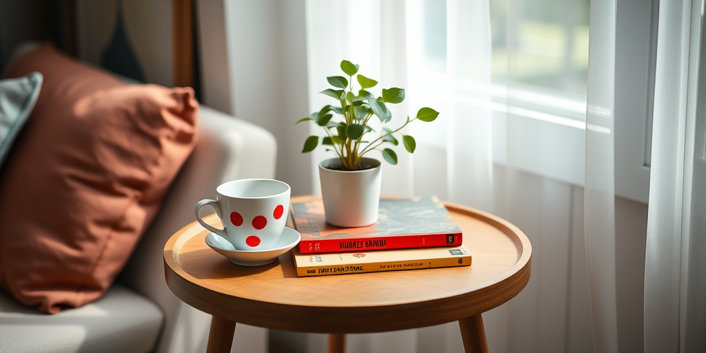 Create a cozy interior scene featuring a mid-century modern side table with a small potted plant and a cup of tea with red polka dots on top, showcasing a stack of colorful books, captured in natural light with a 50mm lens at f/2.8, using a Canon DSLR in a slightly overhead angle to emphasize depth and detail.