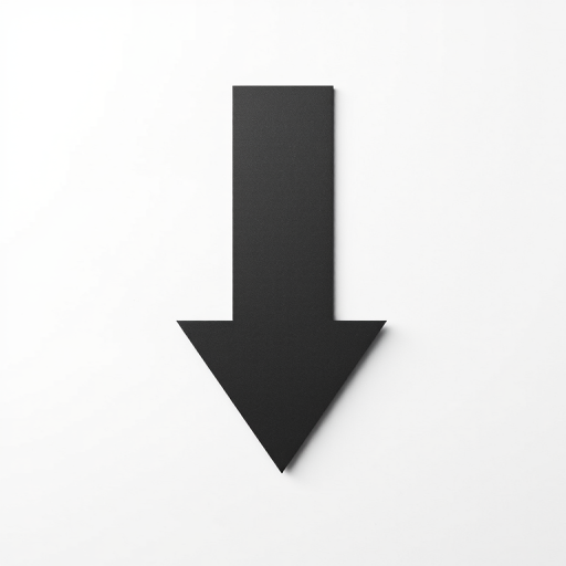 Create a high-resolution image of a dark gray downward arrow on a white background, using a DSLR camera, 50mm lens, aperture f/2.8, ISO 100, and a slight overhead angle to enhance details and contrast.