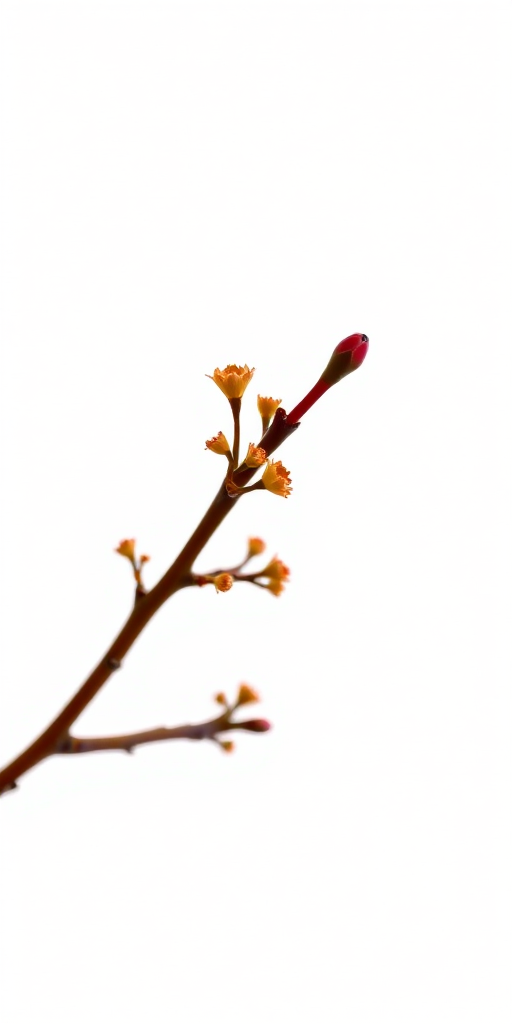 capture a close-up of a delicate, brown branch with small leaves on a white background, using a macro lens, aperture f/2.8, ISO 100, camera type DSLR, natural light for an enhanced, vibrant look