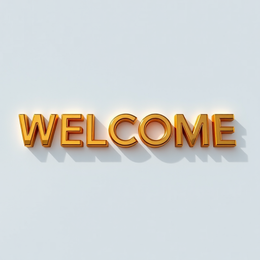 Generate a high-resolution image of the word "WELCOME" in a glossy, golden font with soft shadows, using a Canon EOS R5 camera, 50mm lens, aperture f/1.8, ISO 100, and natural lighting for a vibrant appearance.