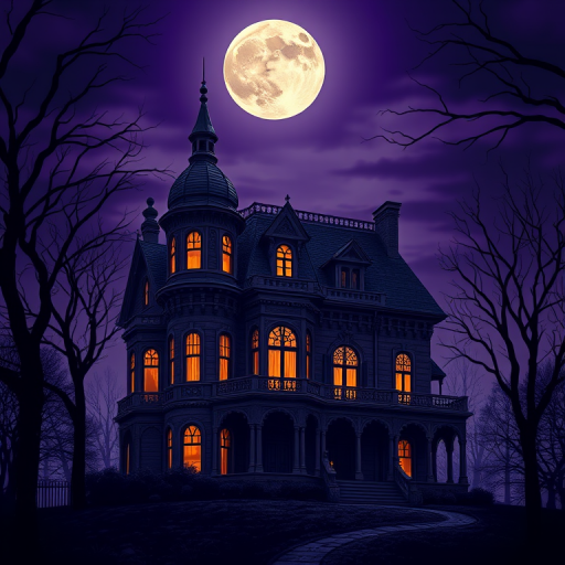 Create a highly detailed illustration of a spooky Victorian mansion under a full moon in a dark purple sky, with glowing windows and eerie trees surrounding it; use a DSLR camera with a 24mm lens, f/2.8 aperture, ISO 100, shooting at dusk for enhanced clarity and vivid colors.