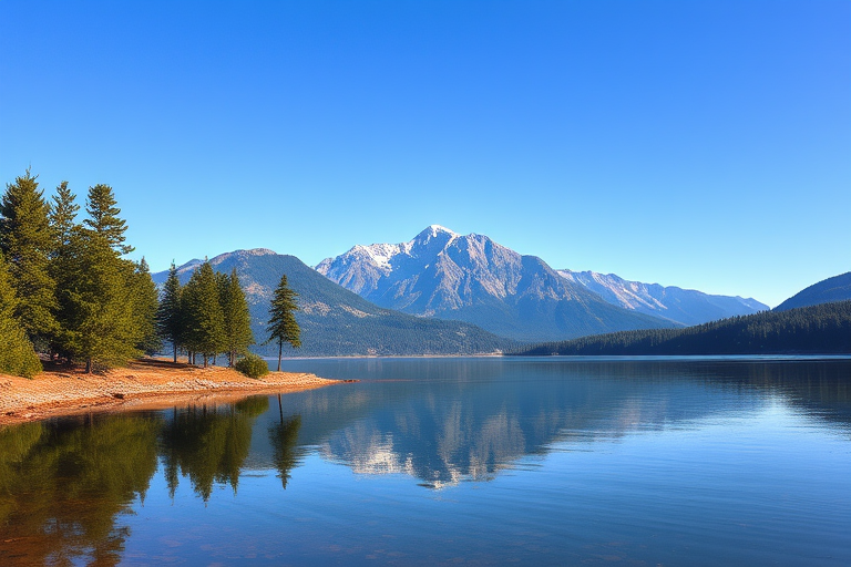Generate a high-resolution digital artwork of a serene landscape featuring a large mountain range in the background, a calm lake reflecting the mountains, pine trees lining the shore, and a clear blue sky, shot with a DSLR camera at 50mm focal length, aperture f/8, ISO 100, using a wide-angle lens for depth and clarity.