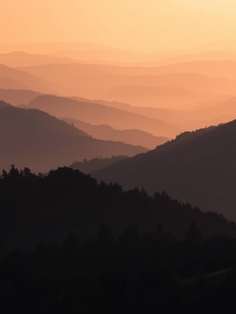 Generate a serene landscape of layered mountains in the background with dense silhouettes of trees in the foreground, using a Canon EOS R5 with a 50mm f/1.2 lens, aperture set to f/8 for greater depth of field, ISO 100 for minimal noise, and captured at sunrise for soft, diffused lighting to enhance colors and contrasts.