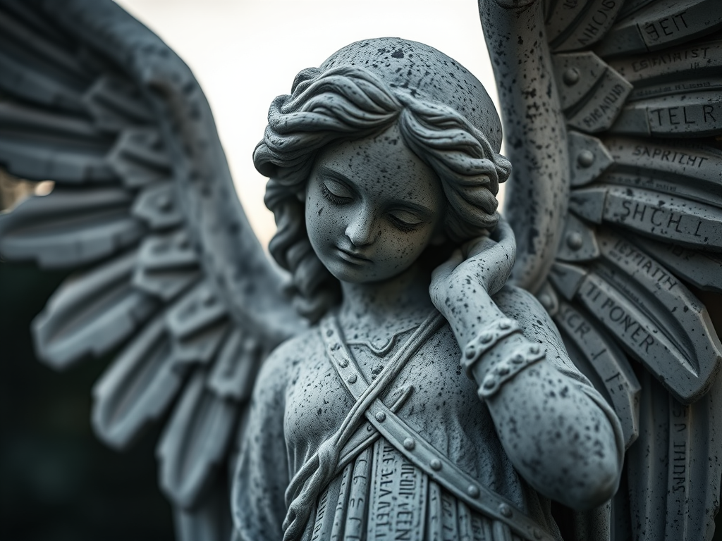 Create a highly detailed black and white close-up of an angel statue with intricate textures in the stone, captured with a Canon EOS R5, 85mm lens, f/1.8, ISO 100, at dusk for soft lighting and a shallow depth of field.