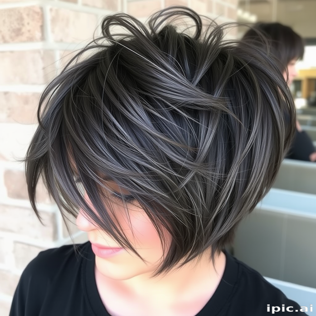 Charcoal grey long pixie cut called "Smoky Quartz" featuring textured layers and wispy bangs, styled with a tousled, bedhead look for effortless cool