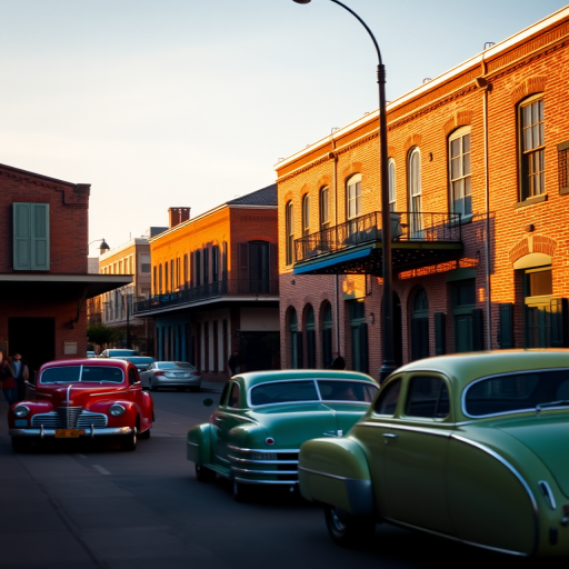 Capture a vibrant early morning scene of a historic street in New Orleans with charming brick buildings and vintage cars, using a Canon EOS R5, 24mm lens, f/8, ISO 200, 1/250 sec, soft golden hour lighting, and a slight tilt-shift effect to enhance depth.