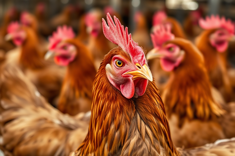 Image of brown chickens in a farm setting, close-up shot, shallow depth of field, f/2.8 aperture, 50mm lens, ISO 100, natural lighting, capturing vibrant details of feathers and textures.
