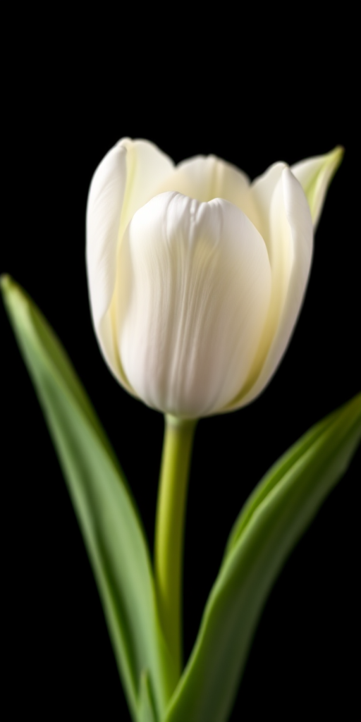 photograph a single white tulip with green leaves on a black background, use a macro lens, aperture f/2.8, shutter speed 1/250s, ISO 100, soft focus style, captured with a DSLR camera
