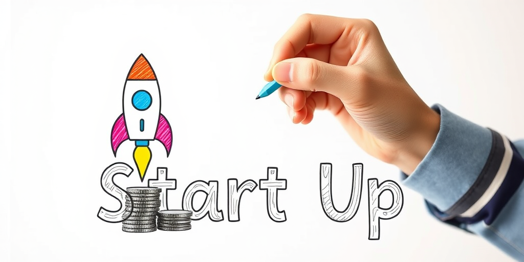 Create an illustration of a hand drawing a colorful rocket with coins stacked beside it and the text 'Start Up' in a creative font, using a DSLR camera at 50mm, f/1.8 aperture, 1/200 shutter speed, natural lighting, and a shallow depth of field to enhance image quality.