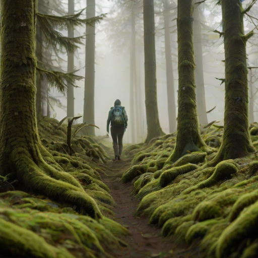 Softly lit image of a person hiking through a fog-covered forest, soft light filtering through the trees, with vibrant green moss covering the ground and distant mountains barely visible through the mist.