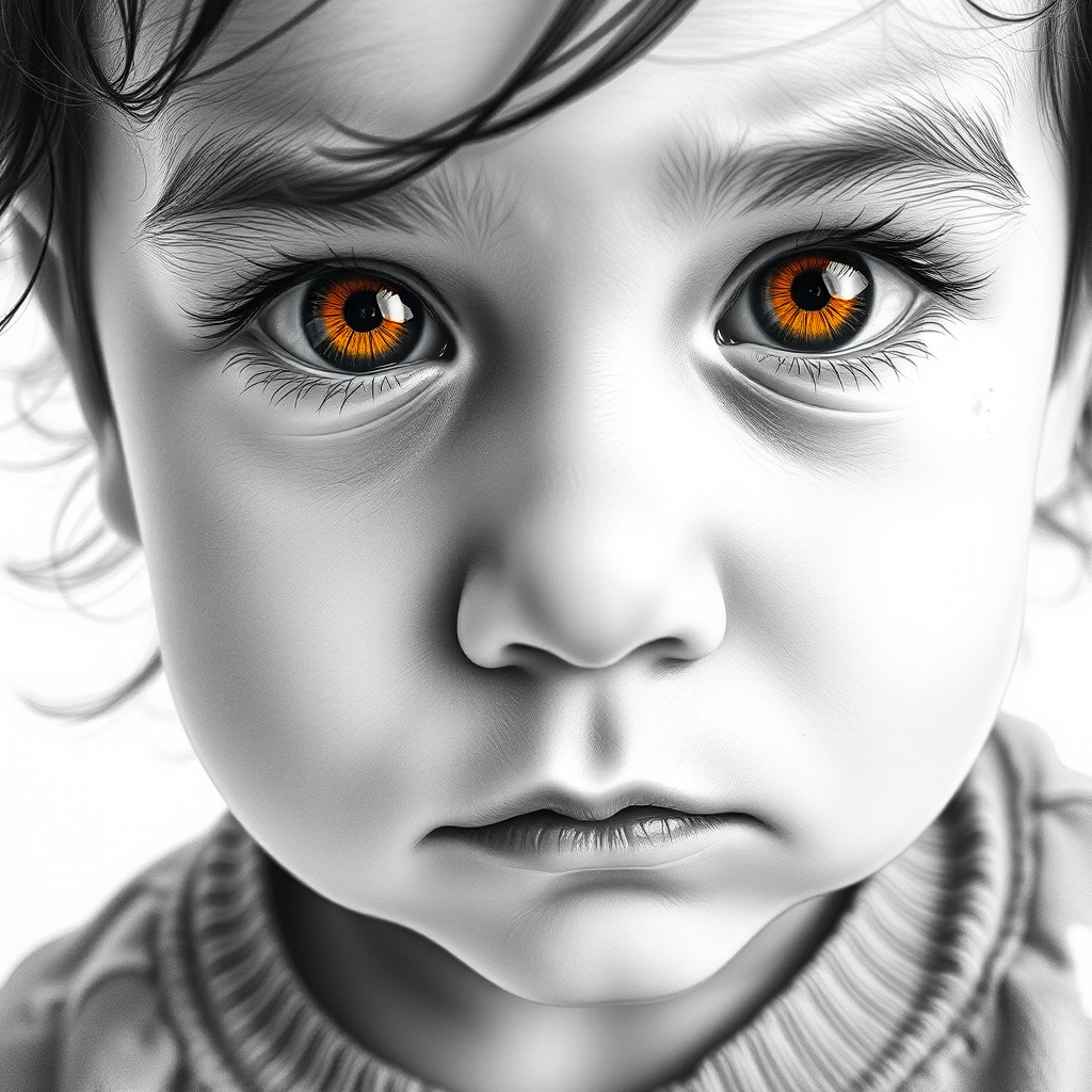 A hyperdetailed photorealistic black and white sketch of a beautiful toddler with deep orange eyes, with a macro focus