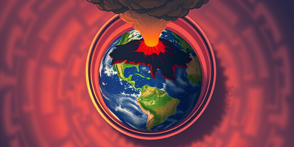 Illustration of Earth in a jar with smoke rising from a volcano, 50mm lens, f/8 aperture, ISO 100, top-down view, DSLR camera, vibrant colors and high contrast for enhanced image quality.