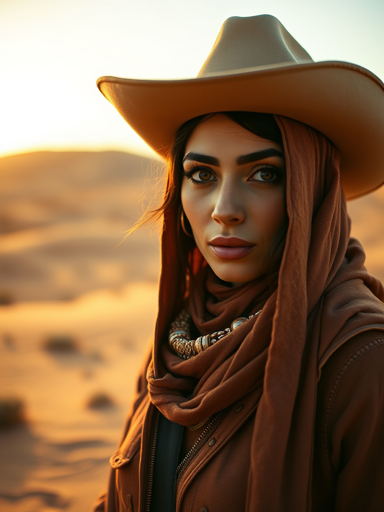 Dramatic photo of a beautiful Arab woman, classic cowboy attire, confident and free spirit expression, half-length portrait, centered, golden hour desert landscape, warm, diffused light, low angle, medium format film camera, in style of Annie Leibovitz.