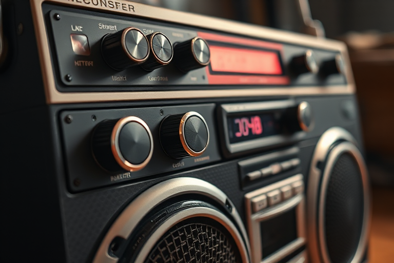 Regenerate an intricately detailed image of a vintage boombox, focus on intricate knobs and buttons, captured with a Canon EOS R5, aperture f/4.0, ISO 100, 50mm lens, shot in high dynamic range with a studio lighting setup to enhance texture and depth.