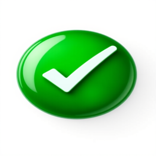 Create a glossy green checkmark button with a subtle 3D effect, using a high-resolution digital camera with a 50mm lens, aperture set to f/2.8, ISO 100, and shot from a straight-on view to enhance clarity and depth.