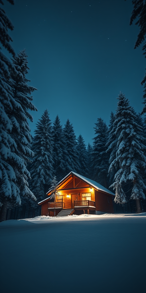 Capture a serene winter night scene of a illuminated cabin surrounded by snow-covered pine trees, using a Canon EOS R5 with a 24mm f/1.4 lens, ISO 800, shutter speed 4 seconds, low angle view, long exposure to emphasize light trails in the snow and enhance atmospheric depth.