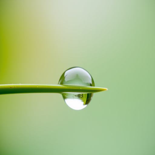 macro shot of a water droplet on a green leaf with sharp focus and soft background, f/2.8 aperture, 1/200 sec shutter speed, ISO 100, 100mm lens, natural lighting, taken with a DSLR camera in a close-up view
