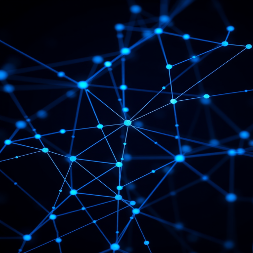 Generate a high-resolution abstract image of interconnected blue nodes and lines on a dark background, taken with a Canon EOS R5 at f/8, ISO 200, 1/60 sec, using a macro lens for crisp detail and vibrant color contrast.