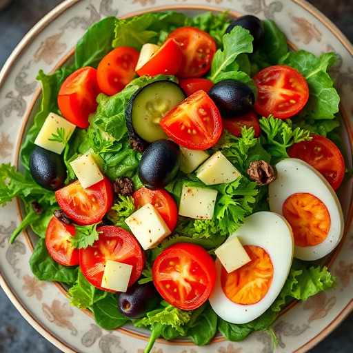 a vibrant salad with mixed greens, sliced tomatoes, cucumbers, olives, and boiled eggs, beautifully arranged on a decorative plate, soft natural lighting, focus on food details, 50mm lens, f/2.8 aperture, ISO 200, overhead view, DSLR camera