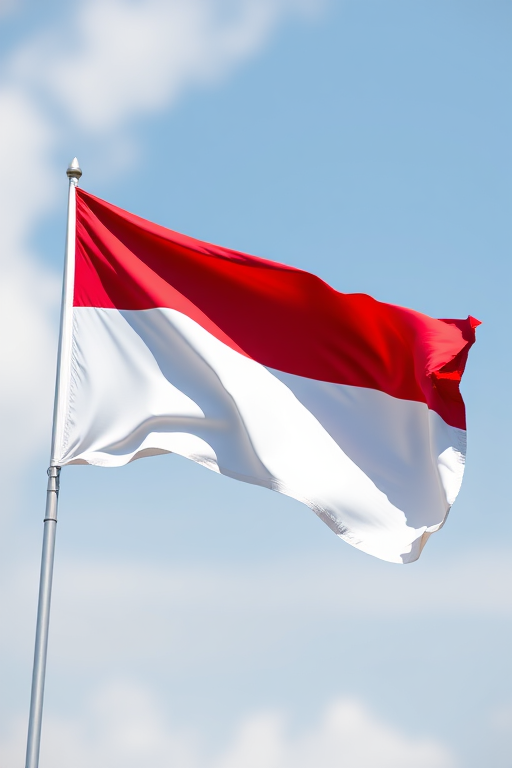 Create a high-resolution digital illustration of the Indonesian flag waving in a gentle breeze, captured with a DSLR camera at f/8, ISO 100, 50mm lens, with a slight bokeh effect in the background.