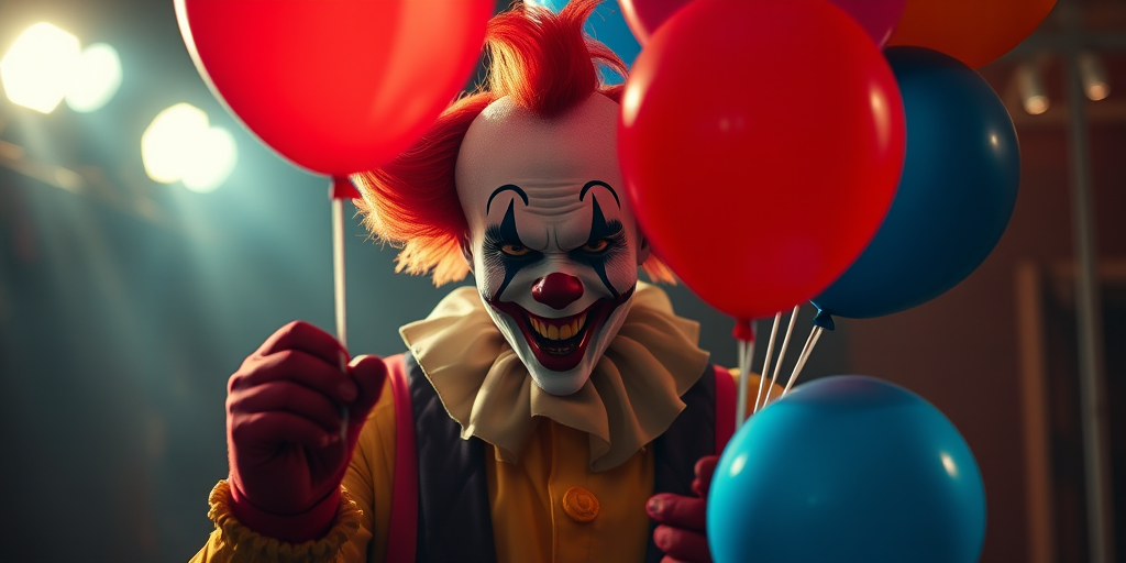 Create a high-resolution image of a sinister clown holding colorful balloons, with dramatic lighting, using a Canon EOS R5, 50mm lens, f/1.8 aperture, ISO 100, 1/200 sec shutter speed, and a shallow depth of field for a cinematic effect.
