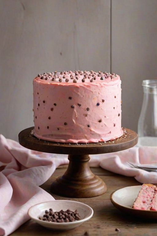Create an image of a tall, round cake with a smooth pink frosting. The cake should be adorned with small chocolate dots evenly spaced around its sides. It is placed on a wooden cake stand, with a simple background featuring a glass bottle of milk and a jar of chocolate chips nearby. The scene should have a clean and inviting aesthetic.
