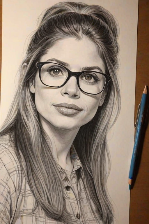 Gorgeous Danielle Fishel, pencil sketch, portrait of Delightful woman 1971s in glasses, hair style beatnik, outline, clear lines, fine lines, 8k