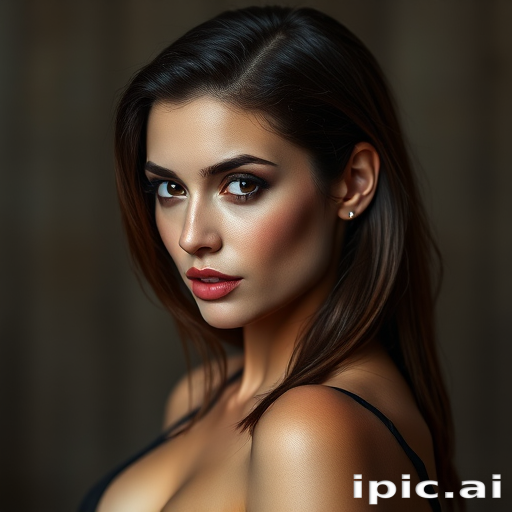Sultry mahogany-haired seductress sporting a sleek, wet-look style with a deep side part and tucked-behind-ear finish