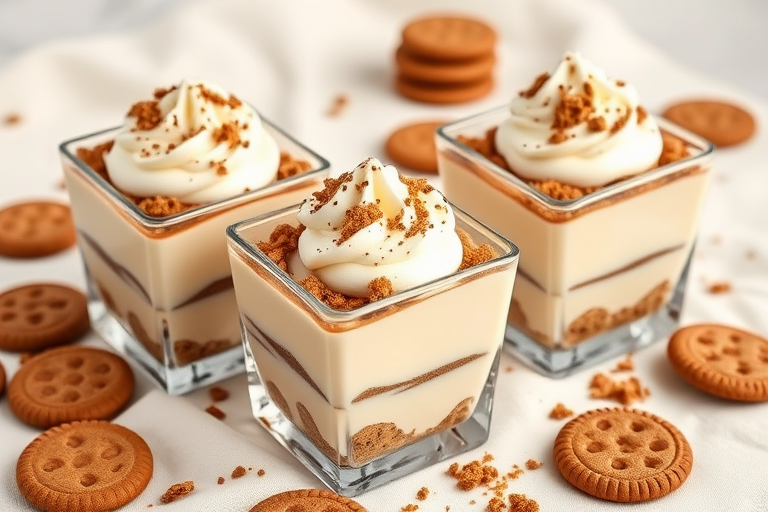 Create an image of three square glass dessert containers filled with layers of creamy dessert topped with piped whipped cream and crushed cookie crumbs placed on a light cloth with scattered cookies around the containers