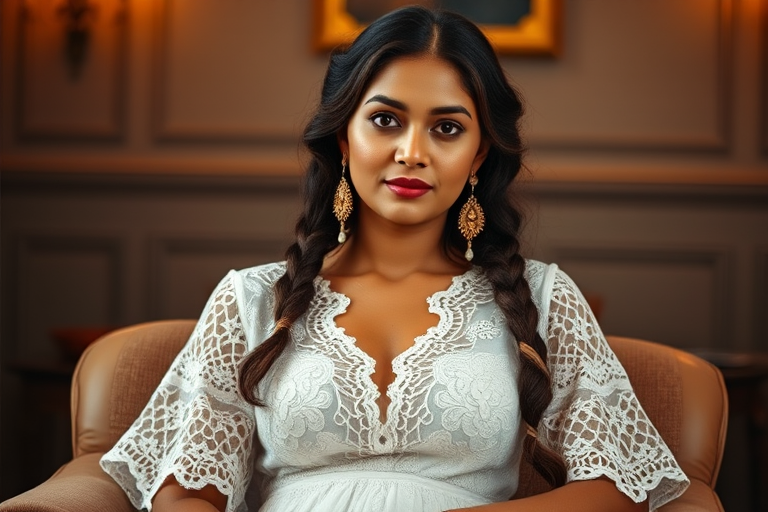 Create a portrait of a refined and elegant Nepali woman seated in a sophisticated setting. She has long, wavy hair styled in two thick braids that are pulled over her shoulders. She wears a white, lace gown with intricate patterns, featuring a deep V-neckline and short sleeves. The dress exudes a vintage charm with its delicate lacework. She is adorned with ornate, dangling earrings that add a touch of glamour to her appearance. The background is softly lit, with warm, ambient lighting that creates a cozy and inviting atmosphere. Her expression is poised and serene, capturing a sense of grace and elegance.