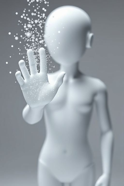 Create a 3D render of a white humanoid figure with a pixelated hand emitting particles, viewed from a slightly elevated angle, using a DSLR camera at f/2.8, 1/125 sec, ISO 100, with soft lighting and a shallow depth of field for enhanced detail.