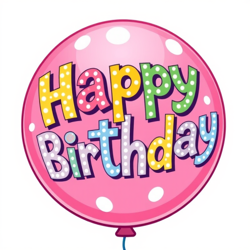 Create a colorful illustration of a pink balloon with the words Happy Birthday in playful, bold lettering that includes white polka dots and a whimsical design. The background should be simple and light to emphasize the balloon.
